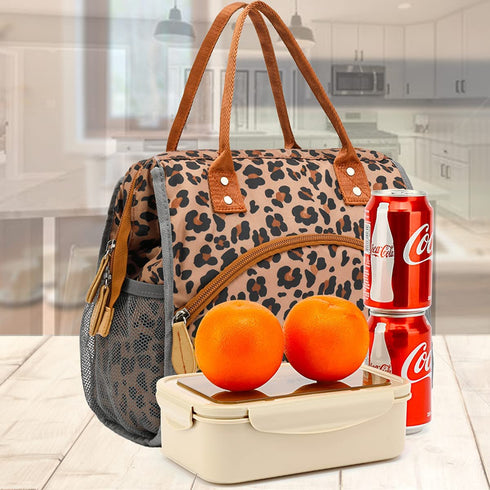 FlowFly Insulated Lunch Bag Wide-Open Lunch Box Large Tote Leakproof Cooler with Drink Holder and Multi Pockets for Women Men Adult Kids Work Picnic Travel Beach Hiking, Leopard