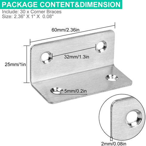 30PCS Stainless Steel Corner Brace, 2.3?x 1? Small Corner Brackets, Heavy Duty 90 Degree Internal Angle Brackets, L Shape Brackets Joint Fastener for Wood Furniture Board Window Cabinet Table