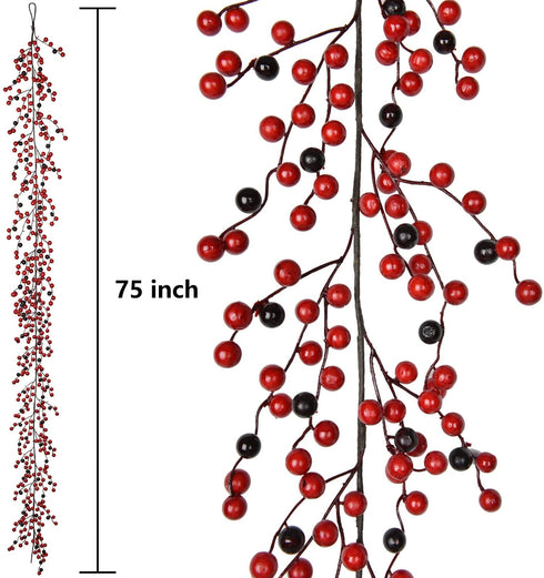 Artiflr 6FT Red Berry Christmas Garland with Red and Black Berry, Artificail Berry Garland Indoor Outdoor Garden Gate Hone Decoration for Winter Holiday New Year Decor
