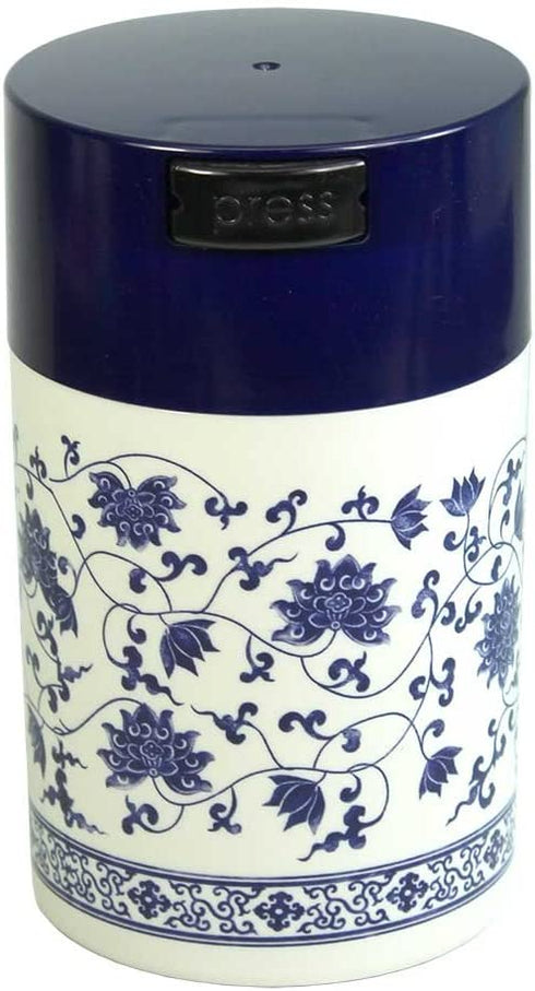 Teavac 6-Ounce Vacuum Sealed Tea Storage Container, Blue Cap and White Body/Floral Design