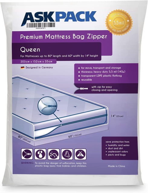 Queen - Mattress Bag Enhanced with Zipper 5.5 mil Extrem Thick for Moving & Long-Term Storage - Tear Resistant and Waterproof - Extrem Heavy Duty
