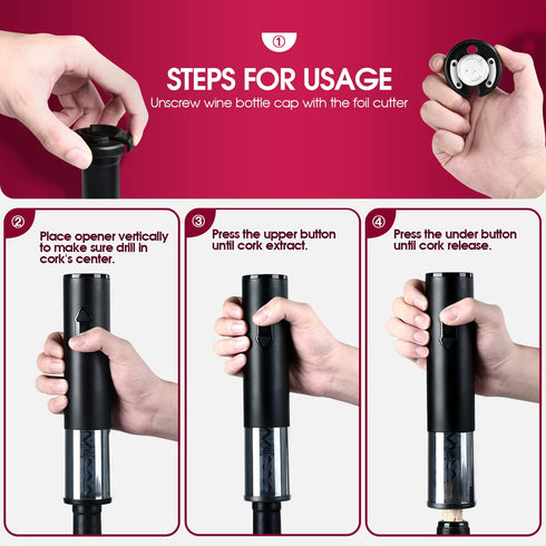 Electric Wine Opener , Automatic Corkscrew set contains Foil Cutter, Vacuum Stopper and Wine Aerator Pourer for Dating, Party and Wine lover (3 Piece Gift Set)