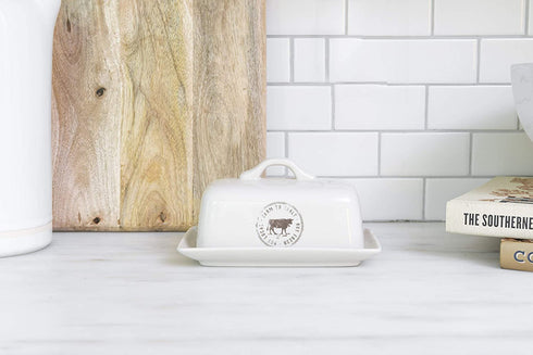 Creative Co-op Stoneware Butter Dish with Cow Decal, 6.75" L, White