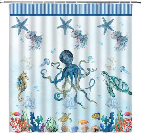 Sea Animal Shower Curtain Octopus Turtle Starfish Undersea Creatures Blue Stripe Design Decor,Ocean Fabric Bathroom Set Hooks 70'Wx 70'