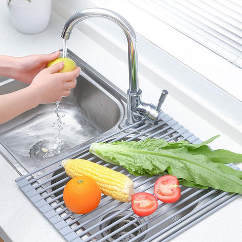 Generic Roll Up Dish Drying Rack,Over The Sink Dish Rack Kitchen Rolling Dish Drainer Multipurpose Foldable Over Sink Kitchen Drainer Rack for Cups Fruits Vegetables(Warm Grey ,17x13.5 inch) (1)