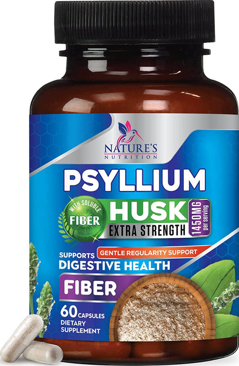 Psyllium Husk Capsules 1450mg, Non-GMO Gluten Free Digestive Support Natural Fiber Supplement - Nature's Psyllium Fiber Caps Support Digestion & Regularity for Adult Men and Women - 60 Capsules