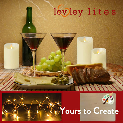 Lovley Lites Set of 3 LED Pillar Candles - 4,5,6 Inch Tall Flickering Flameless Candles + Wire Fairy Lights + Wood Tray, Safe Elegant Smart Battery Candles with Remote Control