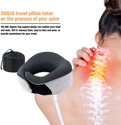 ZIUQAB Travel Pillow, Memory Foam Travel Neck Pillow with Velcro, 360-Degree Head Support with Storage Bag for Airplane, Car, Travel, Camping, Bus, Train