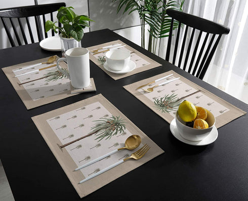 Fahome Cotton Linen Heat Resistant Placemat Set of 6, Geometric Summer Tropical Palm Trees on Brown Background, Washable Non Slip Table Mat for Dining Table Banquet Easy to Clean Home Decor