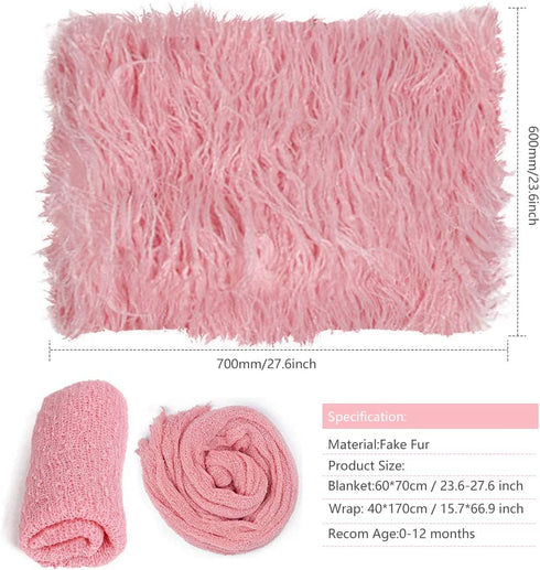 4 Pcs Newborn Photography Props Outfits- Baby Long Ripple Wrap and Toddler Swaddle Blankets Photography Mat with Cute Headbands for Infant Boys Girls(0-12 Months) (Pink)