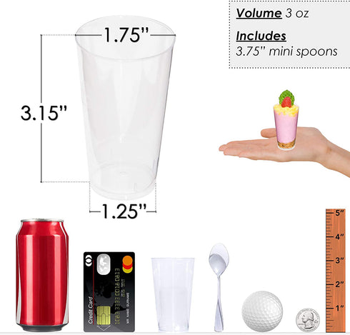 DLux 100 x 3 oz Mini Dessert Cups with Spoons, Shooter - Clear Plastic Parfait Appetizer Cup - Small Reusable Shooter Glass for Tasting Party Shooters Desserts Appetizers - With Recipe Ebook