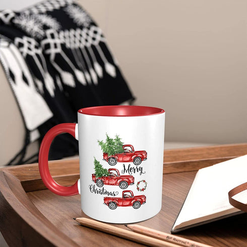 Red Christmas Coffee Truck Mug Cup for Home Office 11 Oz, Cute Funny Funky Flat Bottom Ceramic Mug Holiday Gifts for Women Men