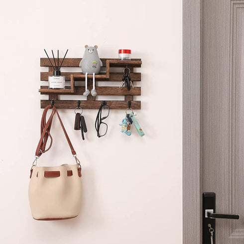 Efonow Wood Wall-Mounted 3-Tiered Stair Shelf with 6 Key Hooks and A Floating Shelf Rustic Home Decor for Entryway Carbonized Black
