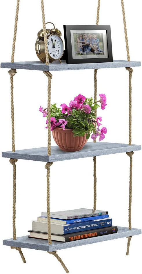 Sorbus Wood Hanging Shelf 3-Tier Rustic Wood Swing Storage Shelves Jute Rope Organizer Rack, Floating Display Shelves (Grey)