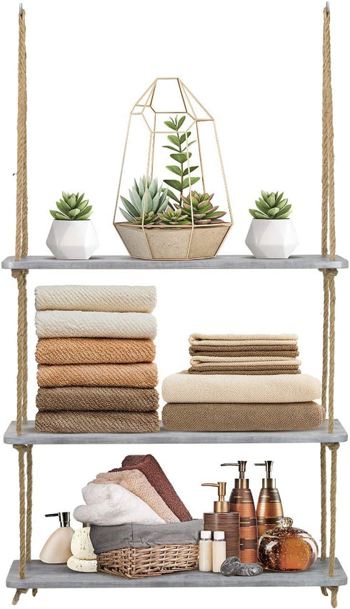 Sorbus Wood Hanging Shelf 3-Tier Rustic Wood Swing Storage Shelves Jute Rope Organizer Rack, Floating Display Shelves (Grey)