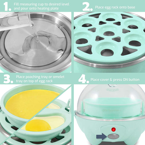Elite Gourmet EGC007M Rapid Egg Cooker, 7 Easy-To-Peel, Hard, Medium, Soft Boiled Eggs, Poacher, Omelet Maker, Auto Shut-Off, Alarm, 16-Recipe Booklet, BPA-Free, Mint