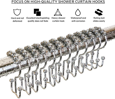 DQG Bathdesign Durable Shower Curtain Hooks Rings,Never Rust Stainless Steel Double Sliding Shower Hooks That, for Bathroom Shower Rods Curtains, Set of 12 Shower Curtain Hooks (Chrome)