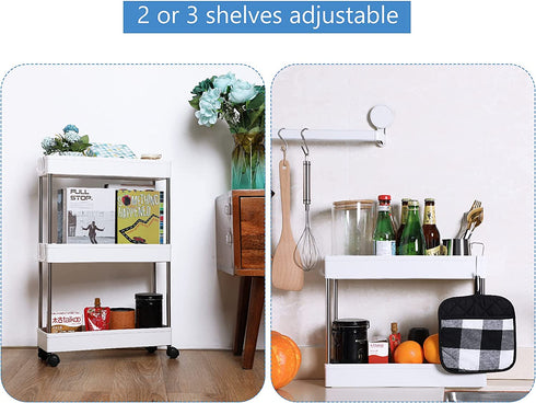 3 Tier Slim Storage Shelves Cart Rolling Utility Cart Mobile Shelving Unit Organizer Slid Out Utility Cart with Wheels and 8 Pieces Metal Hooks for Bathroom Kitchen Office (White)