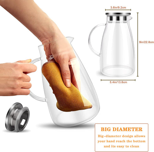 Glass Pitcher, Tea Pitcher,68oz Water Pitcher with Lid ,Drip-Free Water Pitcher with Lid, Easy Clean Heat Resistant Borosilicate Glass Jug for Juice, Milk, Cold or Hot Beverages