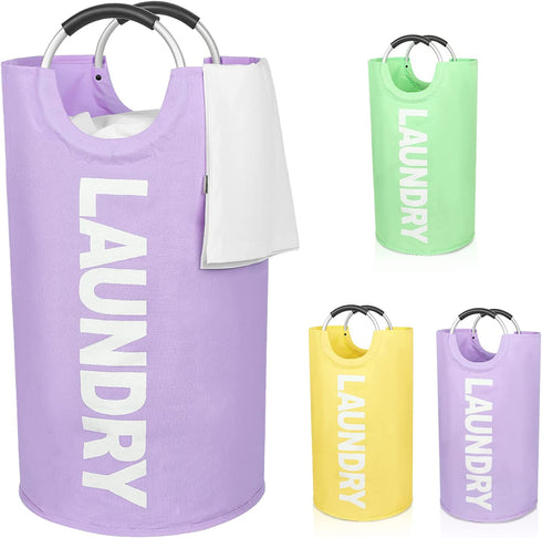 Laundry Basket, Roiroiko Waterproof 82L Large Collapsible Fabric Laundry Hamper, Foldable Clothes Storage Washing Bag Washing Bin with Alloy Handles for College Bathroom Travel (purple, Large)