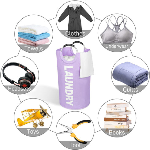 Laundry Basket, Roiroiko Waterproof 82L Large Collapsible Fabric Laundry Hamper, Foldable Clothes Storage Washing Bag Washing Bin with Alloy Handles for College Bathroom Travel (purple, Large)