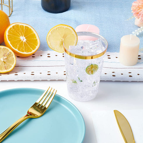 100 PACK Gold Plastic Cups,12 Oz Clear Plastic Cups Tumblers, Elegant Gold Rimmed Plastic Cups, Disposable Cups With Gold Rim Perfect For Wedding,Thanksgiving Day, Christmas Party Cups