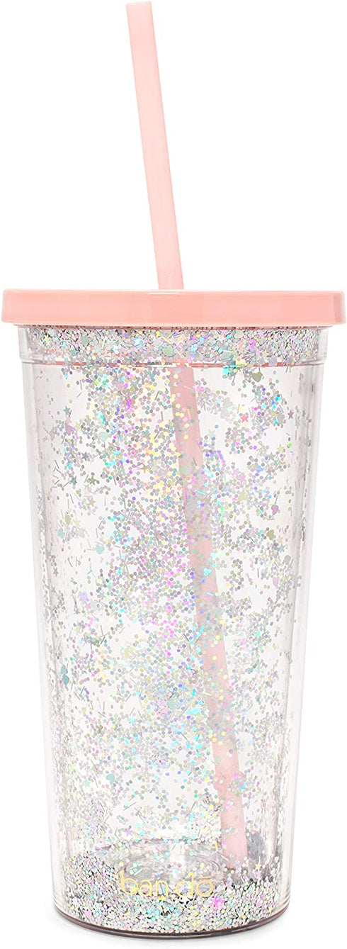 Ban.do Deluxe Glitter Sip Sip Insulated Tumbler with Reusable Straw, 20 Ounce Travel Cup with Lid, Glitter Bomb