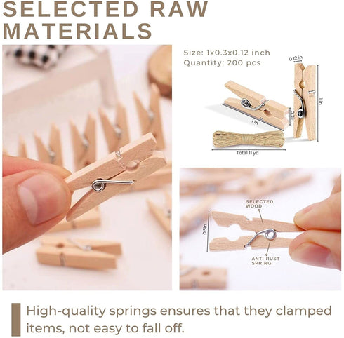 Tiny Clothespins,Mini Clothes Pins for Photo,Small Clothes pins for Photos Natural Wooden Small Photo Clips for Crafts 200 PCS 1 Inch Mini Close Pins for Pictures,Display Artwor,Little Baby Shower