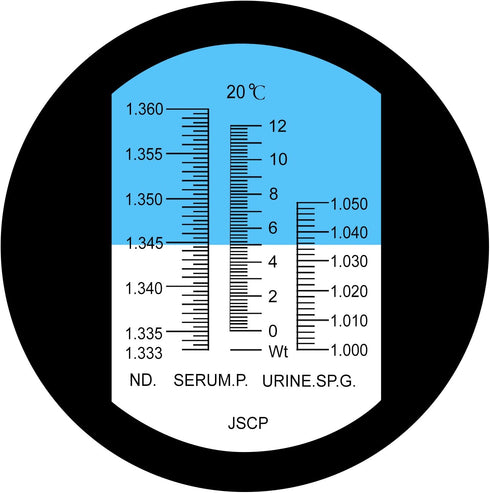 Clinical Refractometer ATC Tri-Scale Serum Protein 0-12 g/100ml Urine Specific Gravity SG 1.000-1.050 Refractive Index 1.333-1.360RI w/Extra LED Light & Pipette