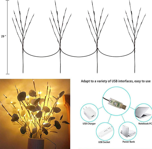 AMARS 30Inch 4pcs Lighted Branches USB Plug Powered with 8 Modes Remote Timer 80leds Outdoor Decorative Artificial Twig Willow Branch Lights Lamp for Vase Pathway Home Party Decorations (Warm White)