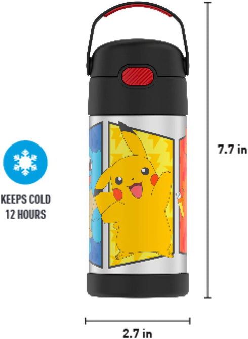THERMOS FUNTAINER 12 Ounce Stainless Steel Vacuum Insulated Kids Straw Bottle, Pokemon