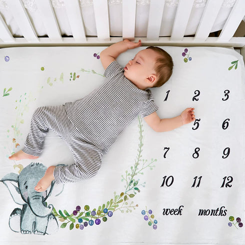Baby Monthly Milestone Blanket for Boy Girl, Soft Fleece Monthly Photo Blanket, Growth Chart Blanket, Calendar First Year Blanket, Newborn, Birth Announcement Elephant D©cor 40"x60"