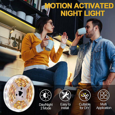 Motion Sensor LED Light Strip-KOLANDY Motion Sensor Light Indoor Closet Lights Motion Sensored Under Cabinet Lights Battery Powered Lights for Kitchen Counter, Stairs Motion Activated Led Light Strip