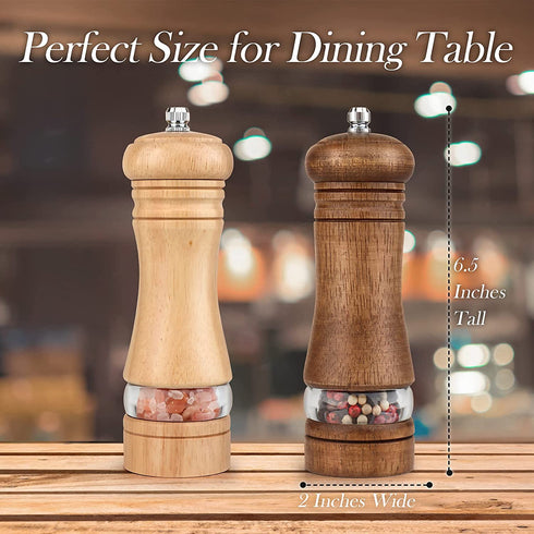 MuuWooden Wooden Salt and Pepper Grinder Set, Refillable Pepper Mill Wood Salt and Peppers Shakers, Adustable Ceramic Roter & Transparent Spice Pepper Mills for Kitchen Gift with Brush - 2 Pcs 6.5inch