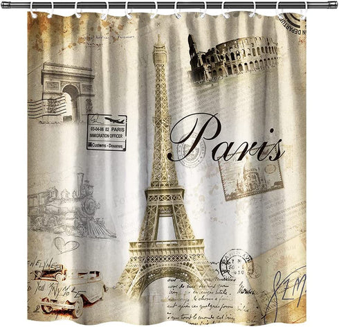 Paris Shower Curtain Eiffel Tower Shower Curtain Love Paris Fabric Bath Curtain Set with Hooks 70X70 Inches (Brown)