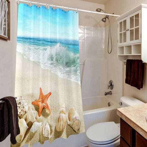 Beach Shower Curtain Washable, Seashells Starfish Conch Waves Ocean Bath Curtains, Blue Fabric Waterproof Bathroom Curtain Set with Hooks
