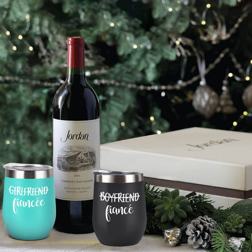 Lifecapido Boyfriend and Girlfriend Wine Tumbler Set, Engagement Gifts for Fiance Fiancee Friend Couples Her Women, 12 Oz Newly Engaged Stainless Steel Insulated Wine Tumbler with Lids, Black and Mint
