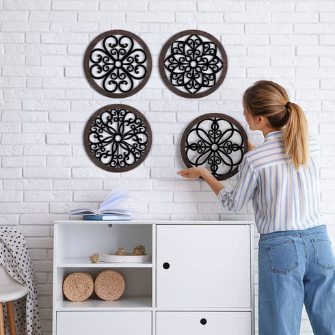 4 Pieces Thicken Rustic Wood Wall Decor Modern Farmhouse Wall Art Decor Wooden Hollow Carved Design Rustic Wall Art for Living Room Bedroom Office Kitchen Wall Decoration (Classic Style)
