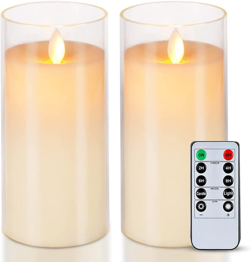 5plots 3? x 6? Ivory Flickering Flameless Candles with Clear Shell, Unbreakable Glass Battery Operated Plexiglass LED Pillar Radiance Candles with Remote Control and Timer