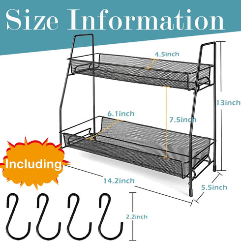 Yancorp Spice Rack Organizer for Countertop 2 Tier Bathroom Shelf Organizer with 4 Hooks Standing Storage Rack for Kitchen Bathroom Bedroom and Office (Black)