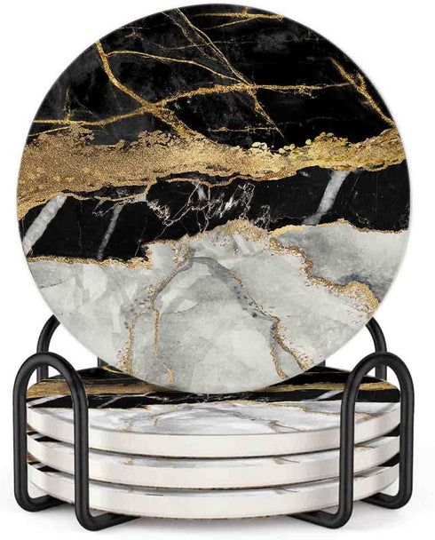 ATEDEANEI Black Marble Drink Coasters with Holder, Ceramic Absorbent Coaster Sets of 4,Non-Slip Cork Base,Housewarming Gifts