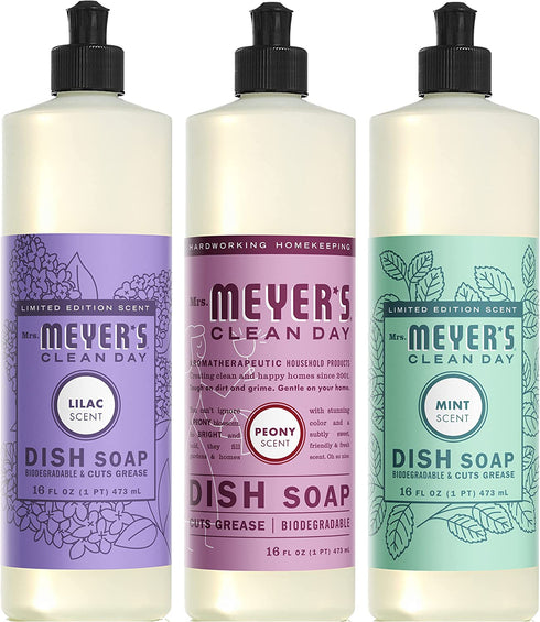Mrs. Meyer™s Clean Day Spring Liquid Dish Soap Variety Pack, 1 Lilac Scent, 1 Peony Scent, 1 Mint Scent, Cuts Grease & Biodegradable, 16 FL OZ Bottles (3 CT)