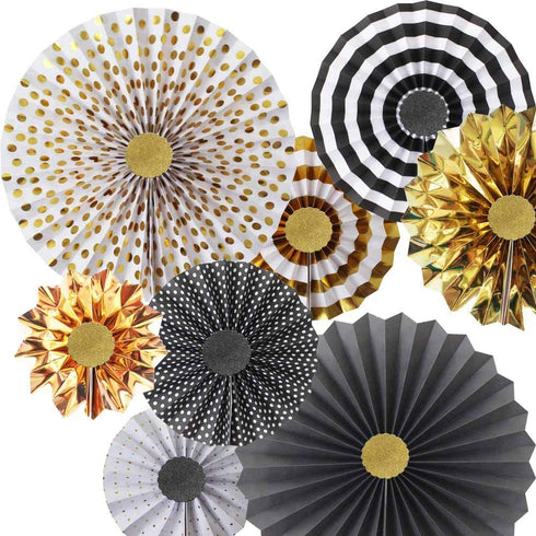 Hola Fiesta | Black Gold Paper Fans Flower and 2 Black-Gold-Silver 7cm Stars Decorations for Celebration Wedding Carnival Happy Birthday Welcome Party,Gold Black Silver