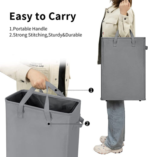 ZERO JET LAG Slim Laundry Hamper Handles Collapsible Laundry Basket Thin Dirty Clothes Basket Narrow Laundry Bag Foldable Dirty Hamper 45L (21 inches,Grey)