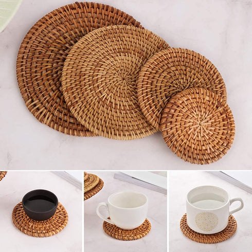 Rattan Coasters, Handmade Teacup Coasters, Creative Gift for Kitchen Table Drinks Crafts Round Natural Coasters Coasters Set (3.94in)