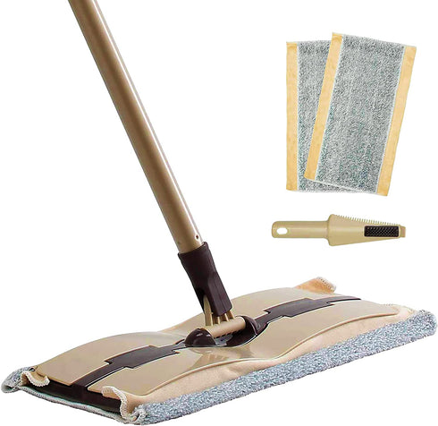 Eyliden Flat Mop - 2pcs Reusable Microfiber Mop Pads, Telescopic Handle and Dirt Removal Scraper - Professional Cleaning Tool for Home Commercial Hardwood, Laminate, Tile Floors