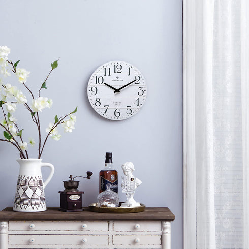 NIKKY HOME White Kitchen Wall Clock-12 Inch Farmhouse Antique Silent Non Ticking Battery Operated Vintage Country Rustic Distressed Wood Clock