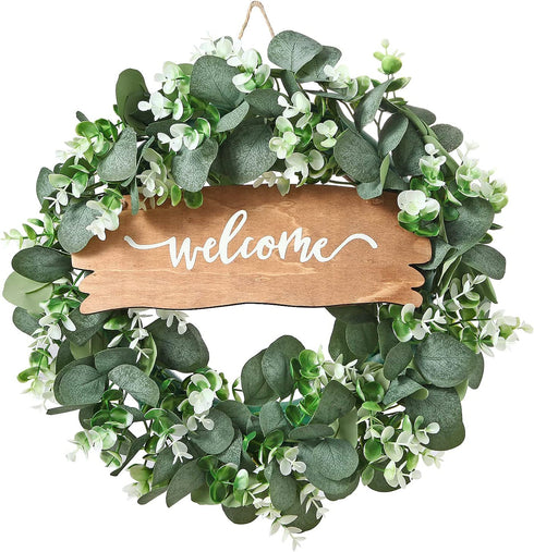 Momkids 18" Eucalyptus Wreath with Welcome Signs Fake Front Door Wreath Faux Eucalyptuses Leaves Hanging Farmhouse Wreath for Living Room Kitchen Balcony Window Porch Wedding Party Decoration