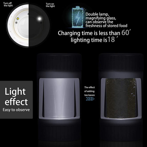 Gohfeoeo Light-Up LED Transparent Glass Seal Storage Jar with Grinder and 8x Magnifying Viewing Jar, Storage Jar and Grinding In One (Black)