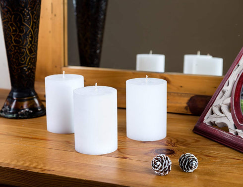 Melt Candle Co White Pillar Candles 3" x 4" Set of 3 Unscented for Weddings, Home Decoration, Relaxation, Church, Spa, Smokeless Cotton Wick